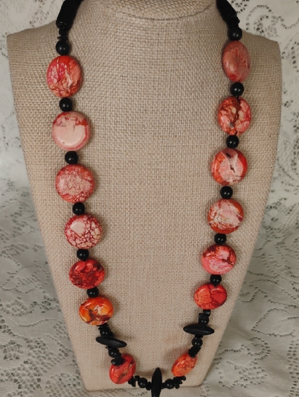 Handmade Orange-Red Stone Disc Bead Necklace by